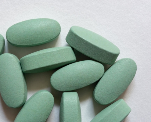 View of blue-coated tablets