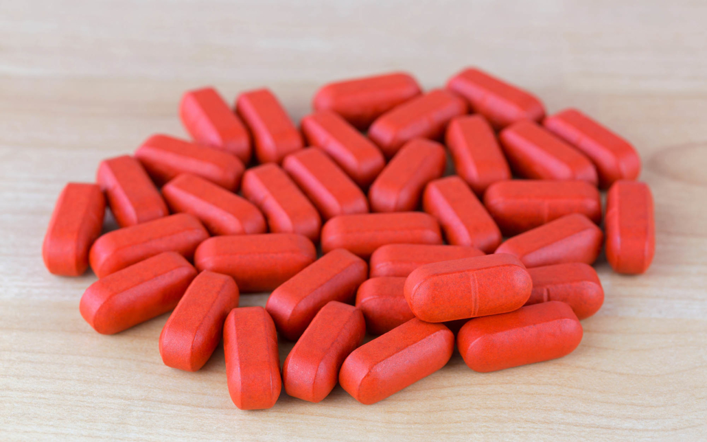 Close up view of red coated tablets