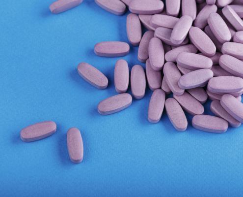 View of purple-coated tablets