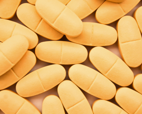View of orange-coated tablets